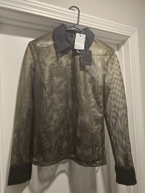 NWT AMMARA NYC Gold Metallic Mesh Back Zip Blouse Collar Top M $289